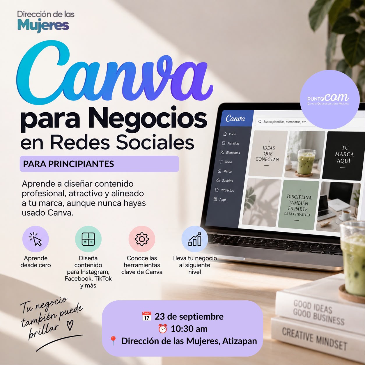Flyer del taller Canva para Negocios en Redes Sociales, 23 de septiembre, Dirección de las Mujeres Atizapán