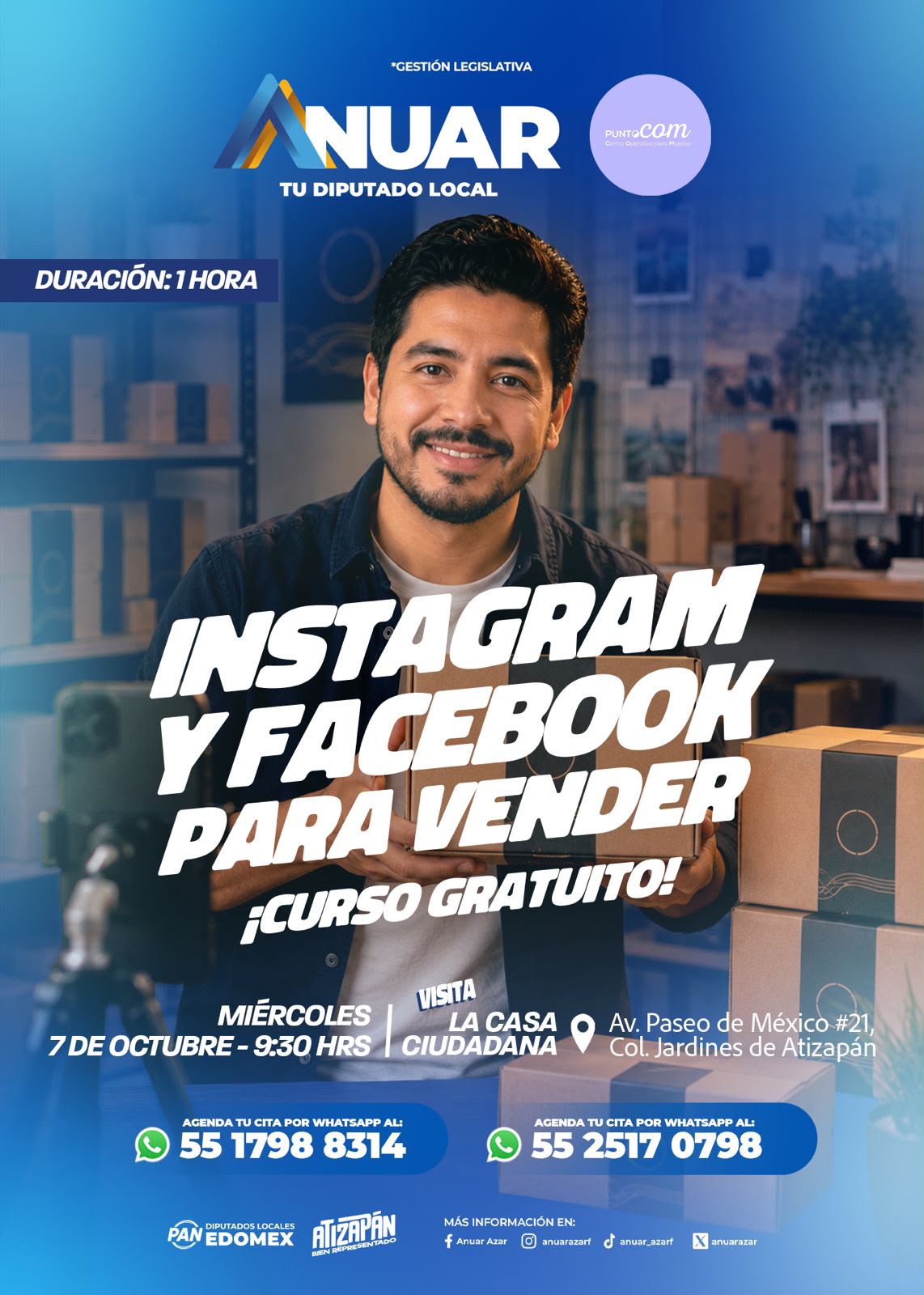 Flyer del taller Instagram y Facebook para Vender, 7 de octubre en La Casa Ciudadana, Jardines de Atizapán
